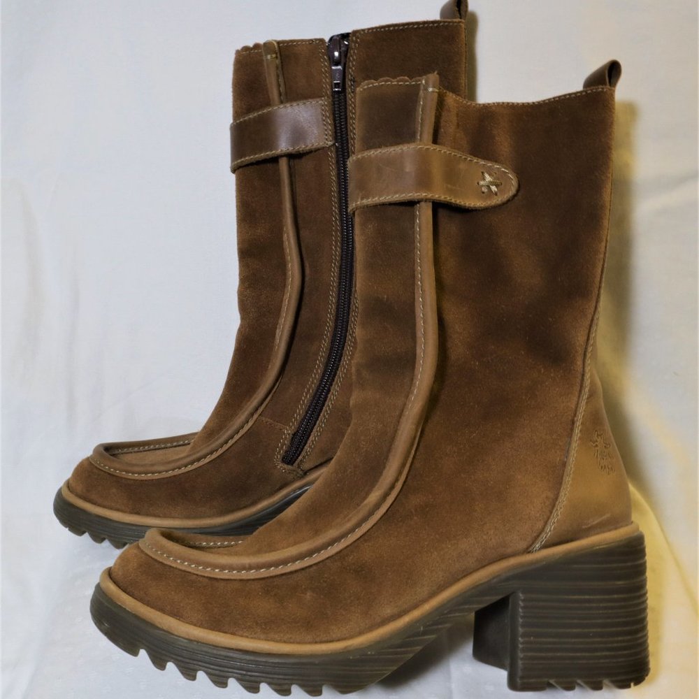 FLY LONDON LIGHT BROWN MID CALF SUEDE BOOTS SIZE 7.5